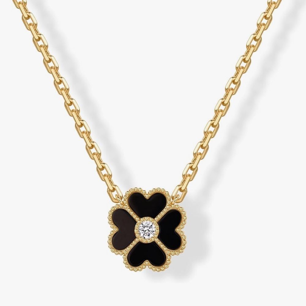 NEW 14K Gold Plated Black Onyx Clover Necklaces